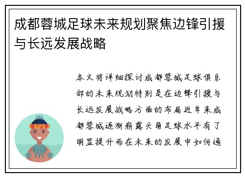 成都蓉城足球未来规划聚焦边锋引援与长远发展战略