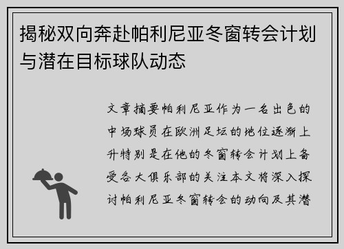 揭秘双向奔赴帕利尼亚冬窗转会计划与潜在目标球队动态